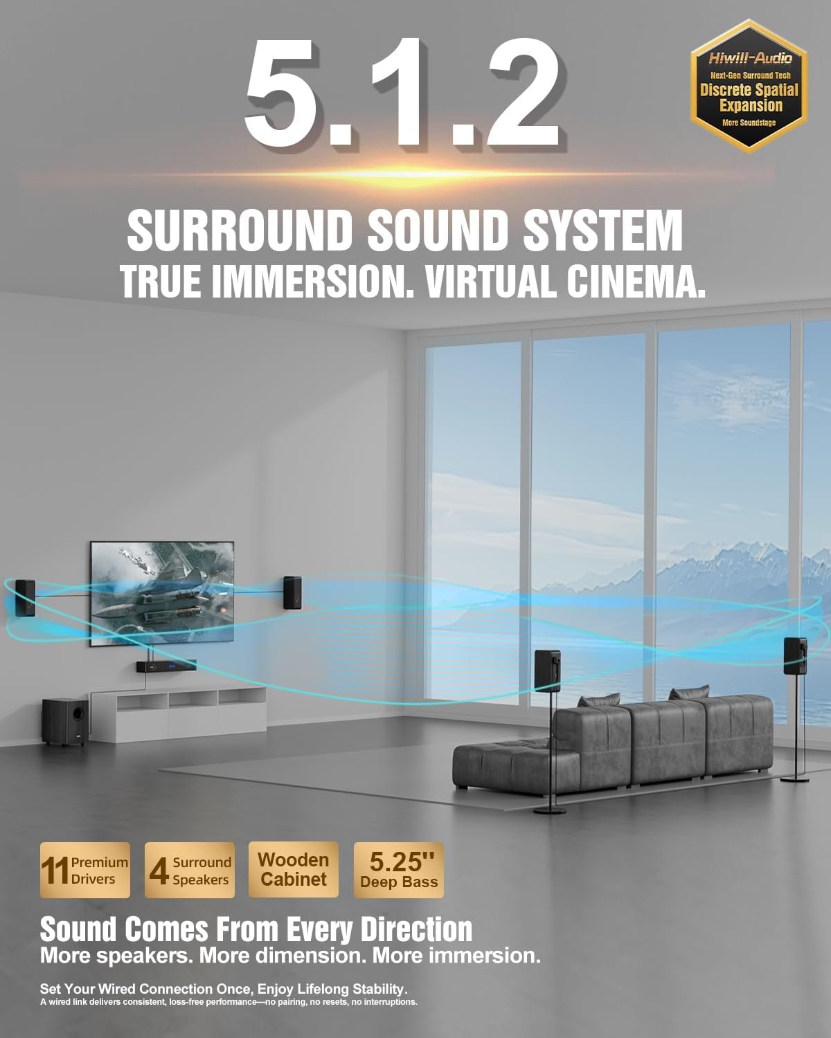 Wooden 5.1.2 Sound Bars, 4 Surround Speakers Wired, Virtual Surround Sound System, Soundbar for Smart TV Speaker w/5.25'' Wired Subwoofer, Home Theater, ARC/Opt/BT/AUX, HiPulse N512 - Image 2
