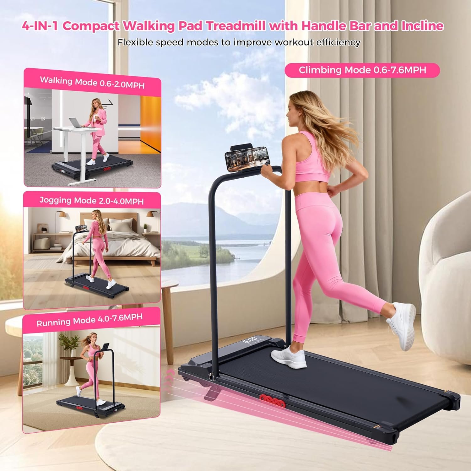 Walking Pad with Incline, 2026 Upgrade Electric Small Walking Pad with Handle Bar, 3.0HP Protable Walking Pad Treadmill with Handles and Incine for Home Small, 0.6-7.6MPH, 350LBS - Image 2