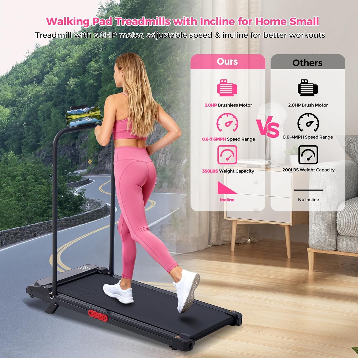 Walking Pad with Incline, 2026 Upgrade Electric Small Walking Pad with Handle Bar, 3.0HP Protable Walking Pad Treadmill with Handles and Incine for Home Small, 0.6-7.6MPH, 350LBS - Image 3