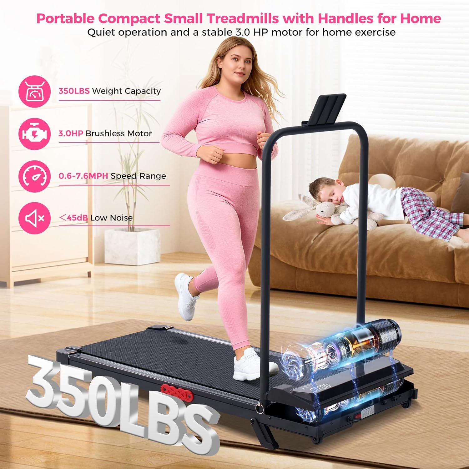Walking Pad with Incline, 2026 Upgrade Electric Small Walking Pad with Handle Bar, 3.0HP Protable Walking Pad Treadmill with Handles and Incine for Home Small, 0.6-7.6MPH, 350LBS - Image 4