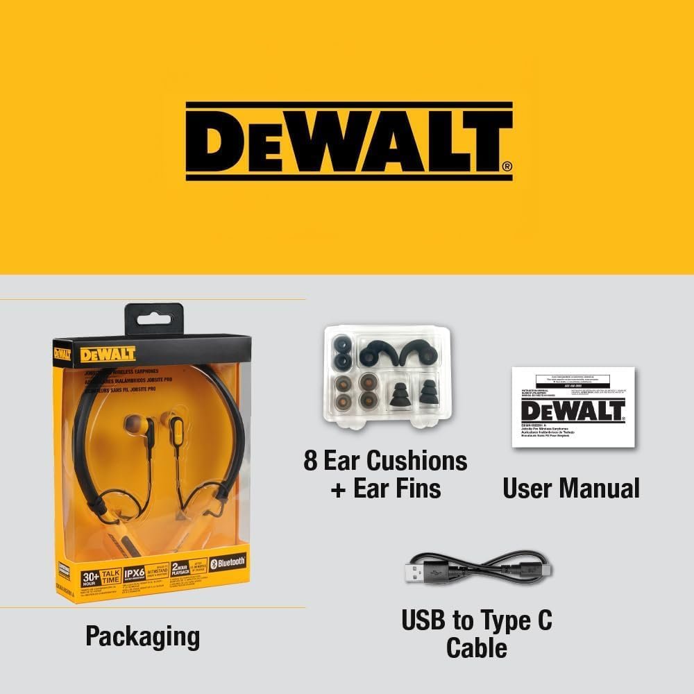 DEWALT Heavy Duty Bluetooth Neckband Headphones, Wireless Around The Neck Earbuds w/ 30H Runtime + Noise Isolation, Secure Magnetic Wireless Earbuds, Jobsite Pro Built-in Mic Bluetooth Headsets - Image 9