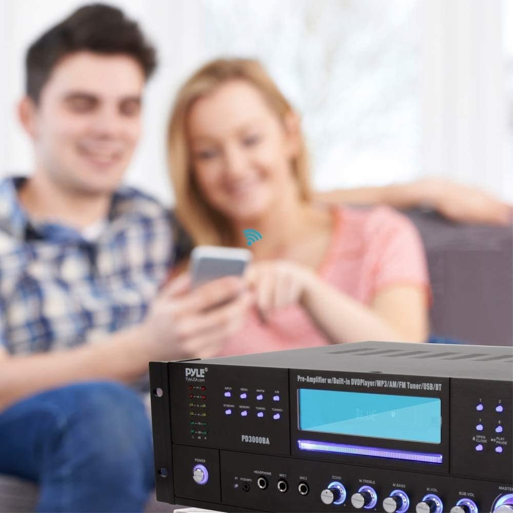 Pyle 4 Channel Bluetooth Home Amplifier - Front Loading DVD/CD Player - 3000W Peak Stereo Receiver - 2 Mic Inputs w/ Echo, FM Radio,Optical In,USB,RCA,Composite, LED Level Meter, Rack Mount - PD3000BA - Image 2