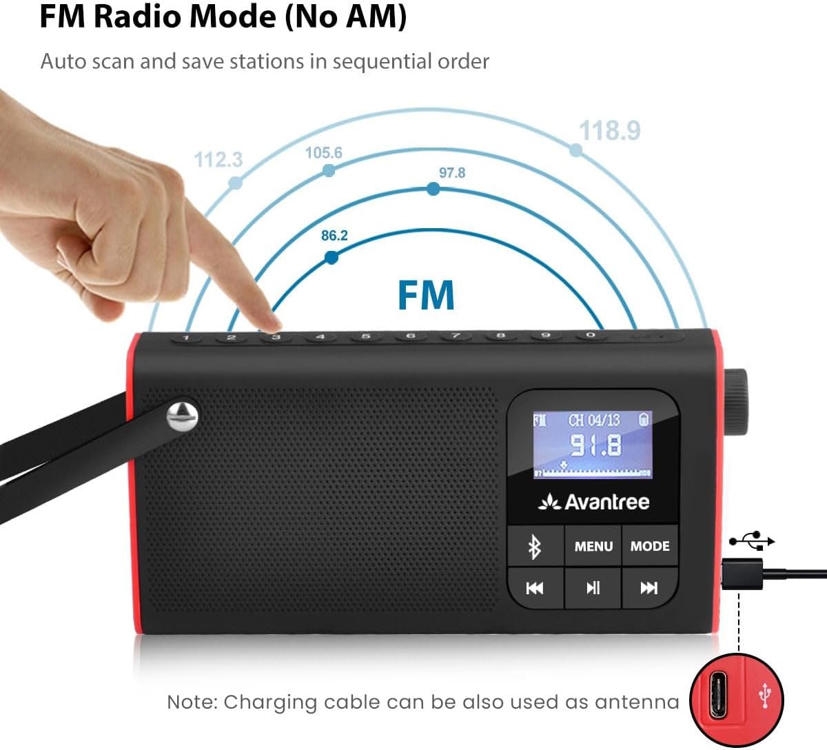 Avantree SP850 – Portable 3-in-1 FM Radio with Bluetooth Speaker & SD Card MP3 Player – Rechargeable Mini Radio with LED Display & Headphone Jack, Pocket Size with Handheld - Image 2