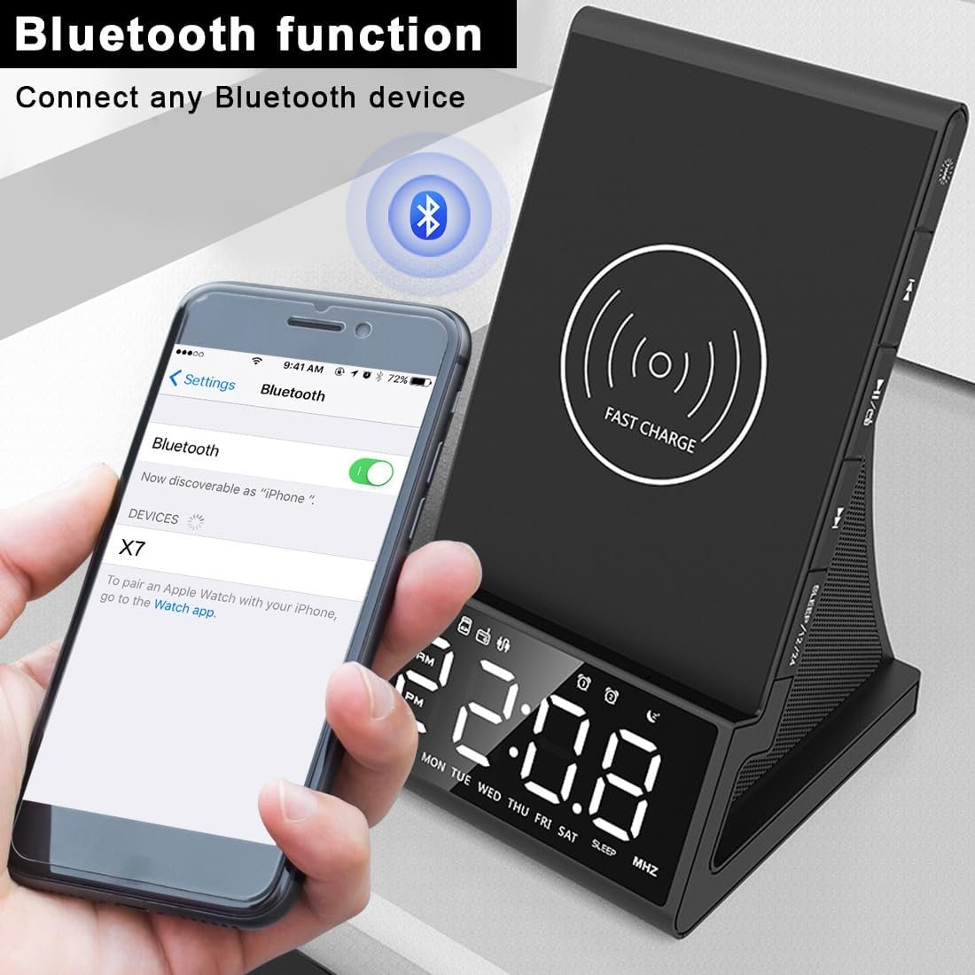 8-in-1 Wireless Charging Station with Bluetooth Speaker, Alarm Clock,FM Radio,Remote Control,Fast Charging Dock Compatible with iPhone 17/16/15/14, Samsung S25/S24,Android Phones - Image 6