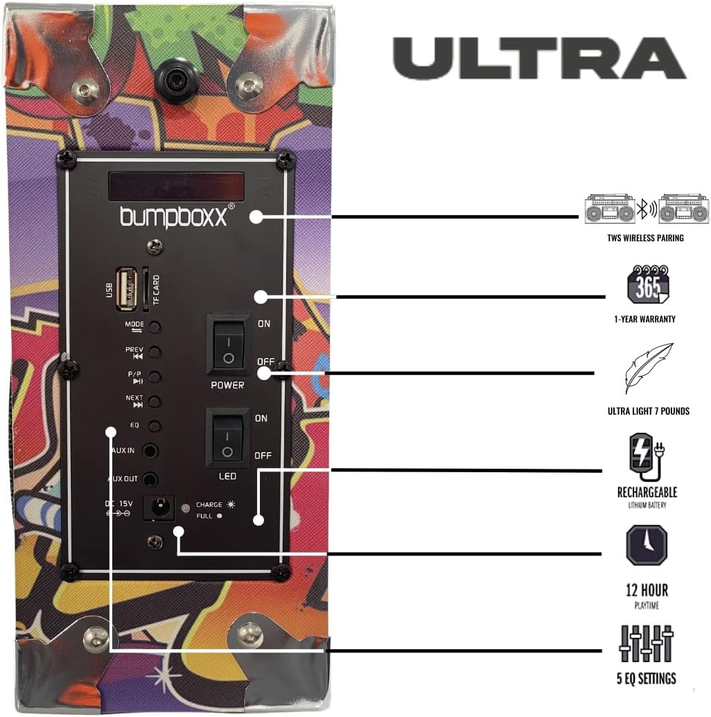 Bumpboxx Bluetooth Boombox Ultra Plus | Retro Boombox with Bluetooth Speaker | Includes Rechargeable Lithium Battery, Carrying Strap & Mic | Easy to Carry | NYC Graffiti - Image 2