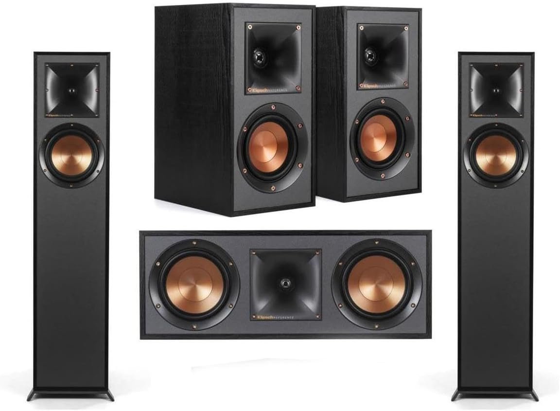 Klipsch Reference R-610F 5.0 Home Theater Pack, 2X - Floorstanding Speakers + Pair, 41M Bookshelf, 52C Center Channel Speaker, Black