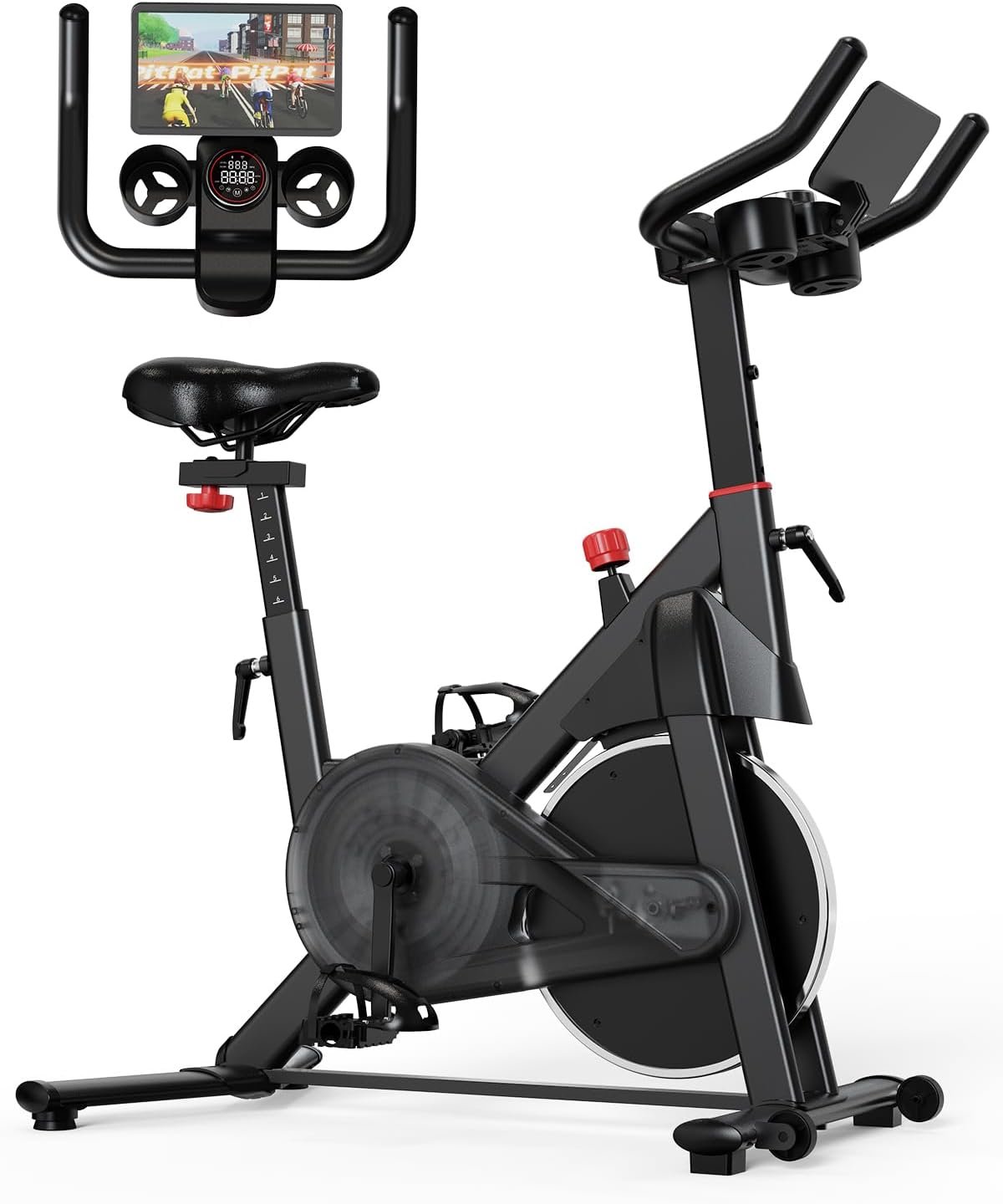Superun Exercise Bike, Stationary Bikes for Home with Brake Pad, Low Noise Spin Bike with 300LBS Weight Capacity, Indoor Cycling for Home Gym with Pad Mount LCD Monitor and Cup Holder