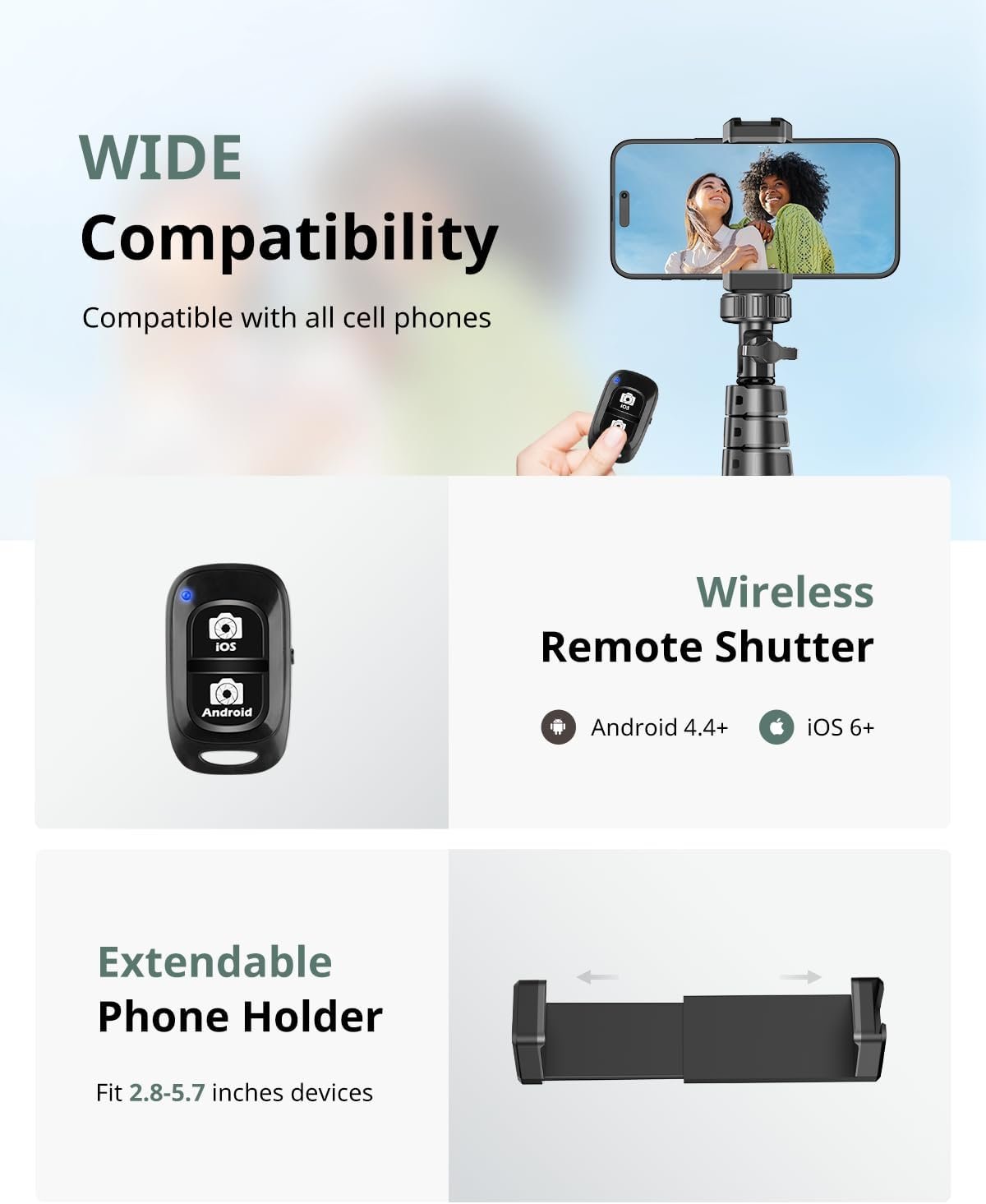 SENSYNE 62" Phone Tripod & Selfie Stick, Extendable Cell Phone Tripod Stand with Wireless Remote and Phone Holder, Compatible with iPhone Android Phone, Camera - Image 6