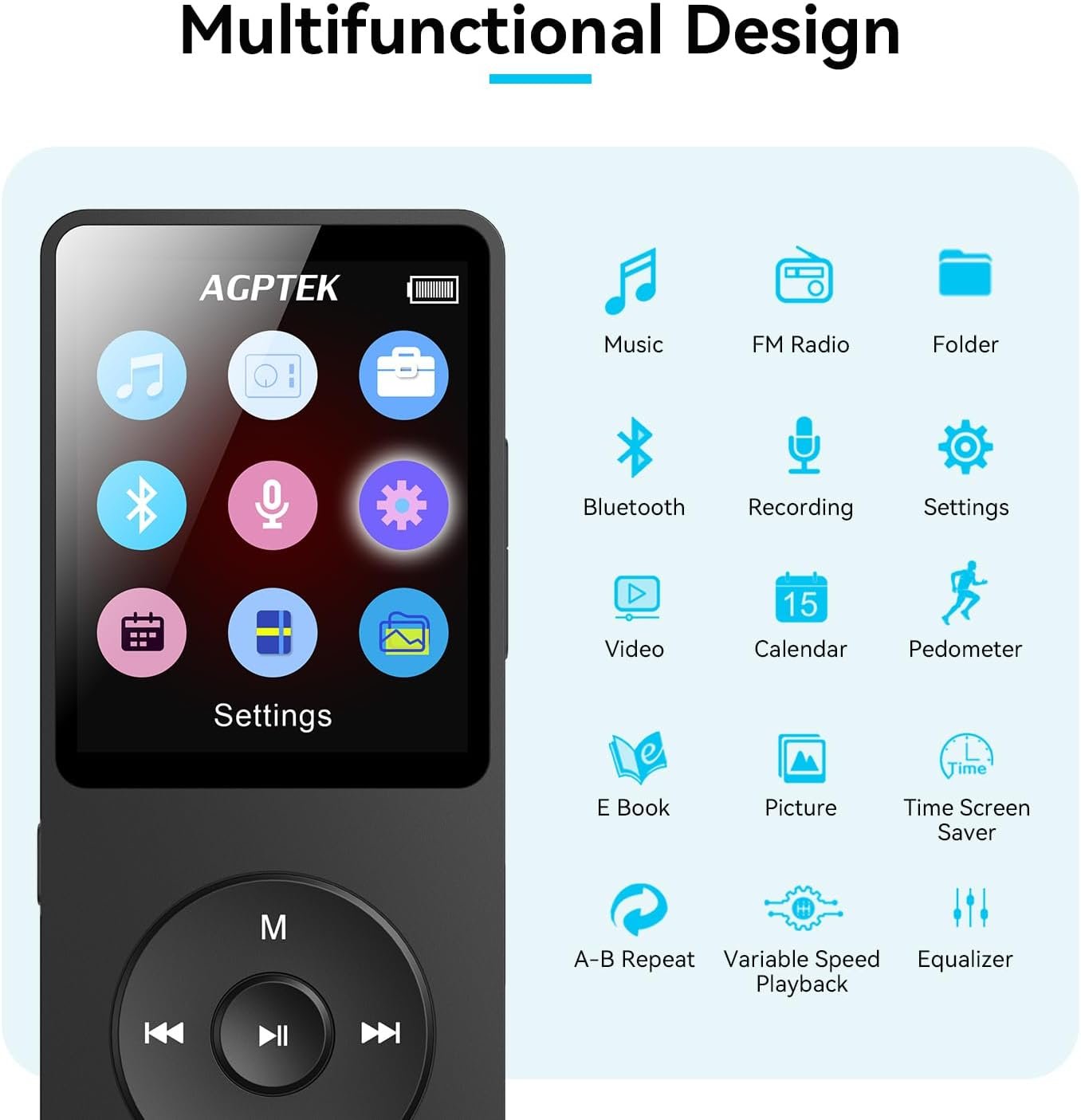 AGPTEK A02 MP3 Player with Bluetooth 5.3, 1.8 inch Screen Portable Music Player with Speaker, FM Radio, Voice Recorder, Supports Expanded Up to 128GB(Black, 32GB) - Image 3