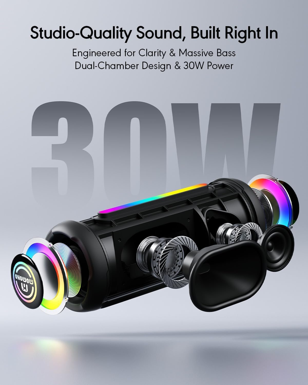 Portable Bluetooth Speaker, IPX7 Waterproof Wireless Speaker, 30W Loud Stereo Sound with Deep Bass, RGB Lights, Bluetooth 5.4, EQ Mode for Home/Party/Outdoor, Birthday Gifts for Men Women(Black) - Image 2
