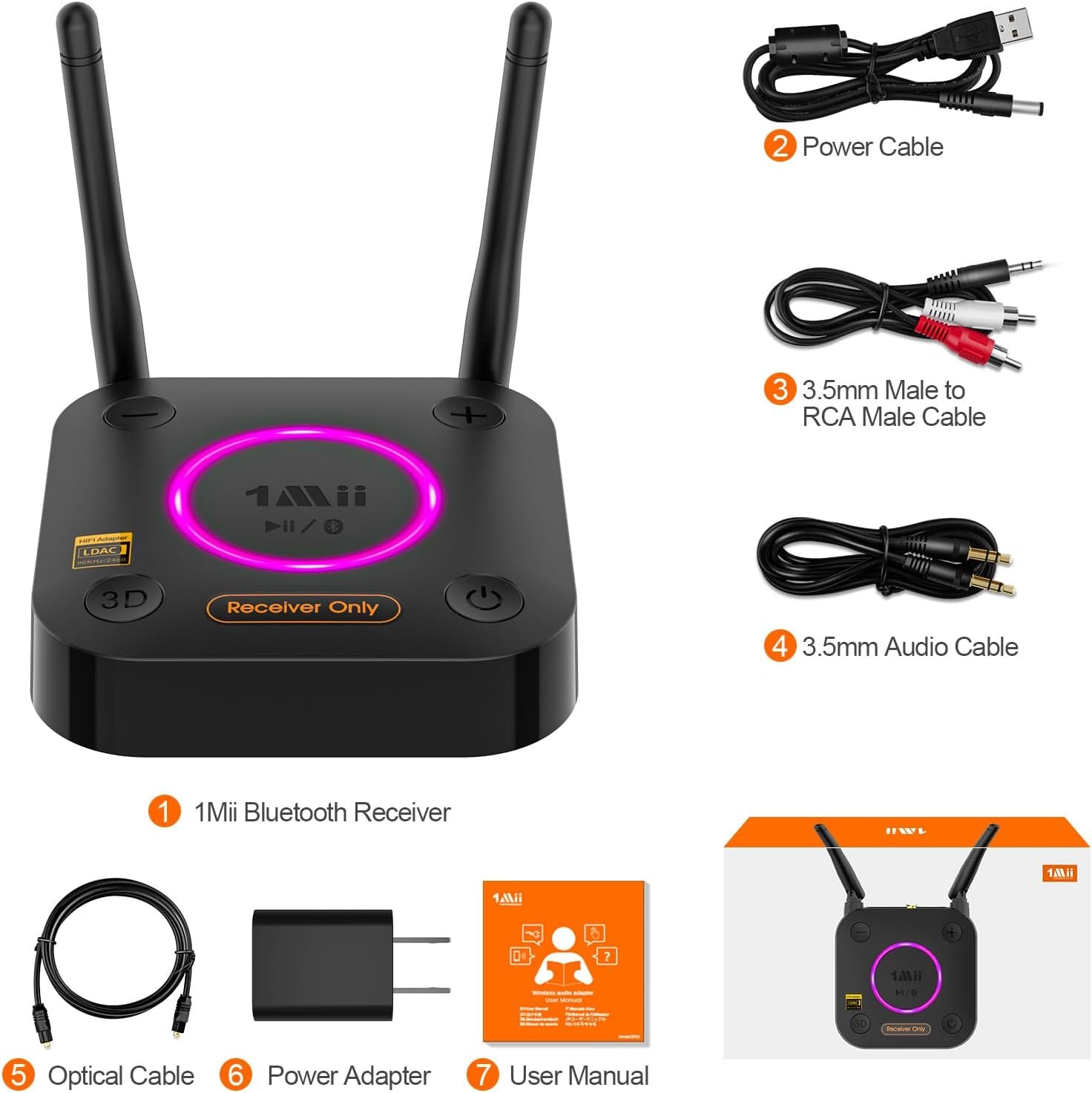 1Mii B06Ultra Bluetooth 5.3 Receiver with LDAC for Hi-Res Wireless Audio, HiFi Bluetooth Audio Adapter w/Audiophile DAC, 3D Surround aptX HD Low Latency, Optical AUX 3.5mm Coaxial for Home Stereo - Image 8