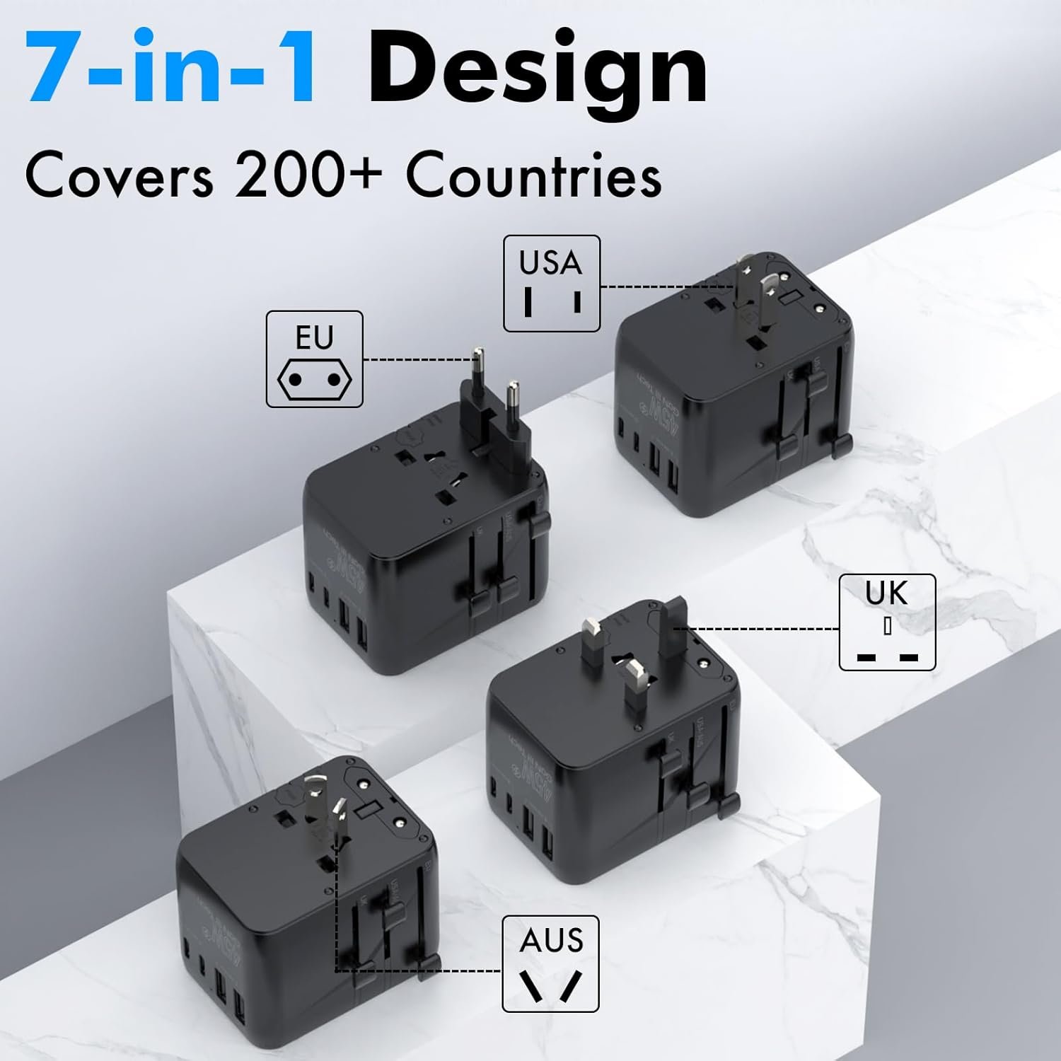 TRAVEL DEPOT 7 in 1 Travel Adapter Worldwide w/GaN 45W, 2 USB-A (15W), 3 USB-C (45W), 2 AC Outlets, Safety Certified International Plug Adapter for Universal Laptop, Phone, Camera for US, EU, UK, AU - Image 3