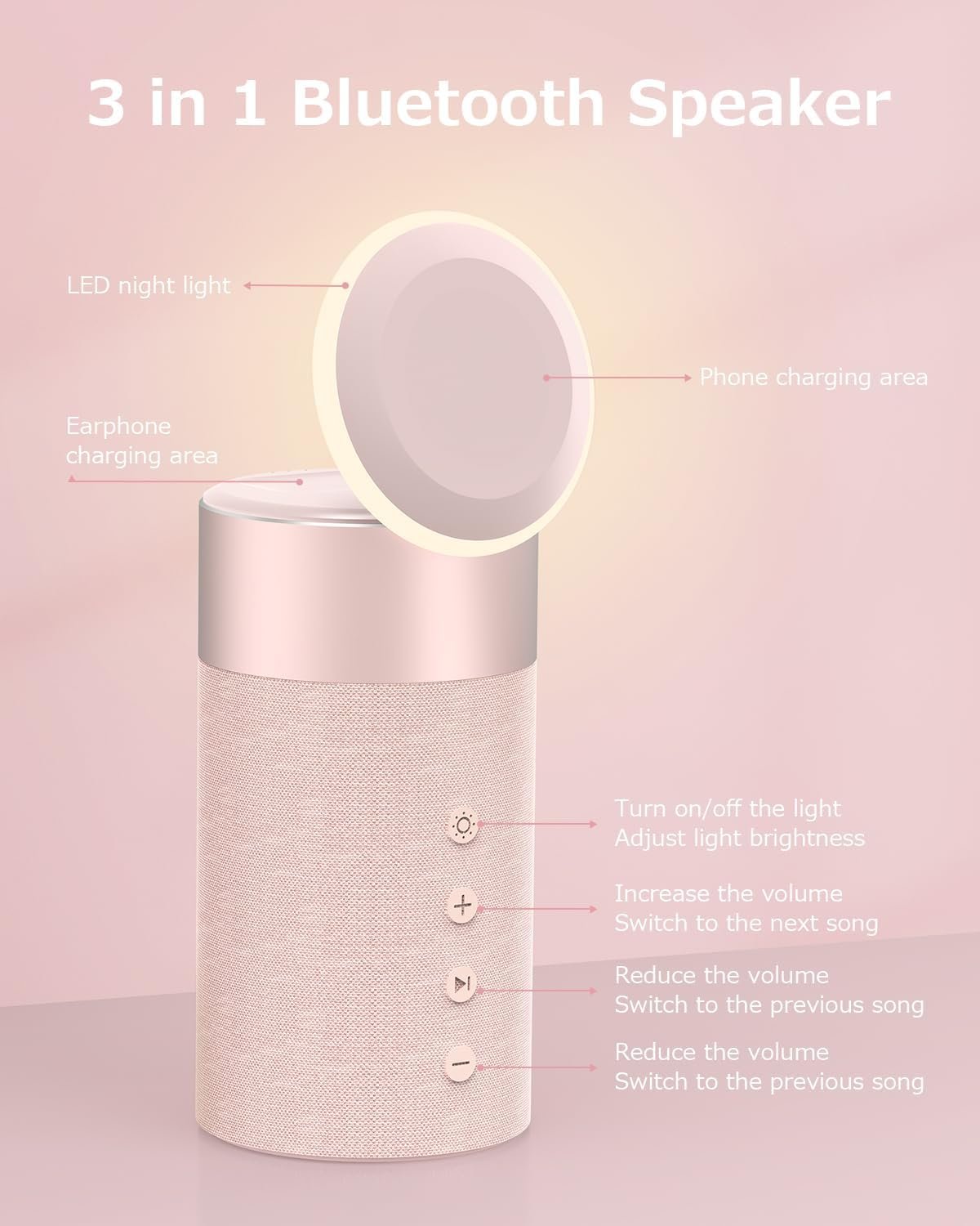 COLSUR Bluetooth Speaker, Magnetic Wireless Charger, Bluetooth Speakers with Night Light, 2 in 1 Wireless Charging Station for iPhone 17/16/15/14/13/12 Series, AirPods Pro 2/4/3/2(Gift Ideal) (Pink) - Image 3
