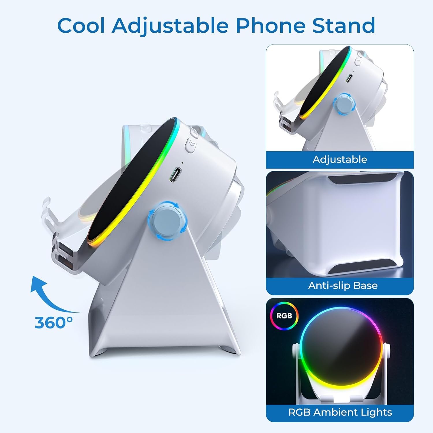 Wireless Induction Audio Bluetooth Speaker, 4 in 1 Phone Stand Speakers Amplifier with Colorful Ambient Light,360° Adjustable Holder for Tablet iPhone Android, Gifts for Men Women Teens-White - Image 7