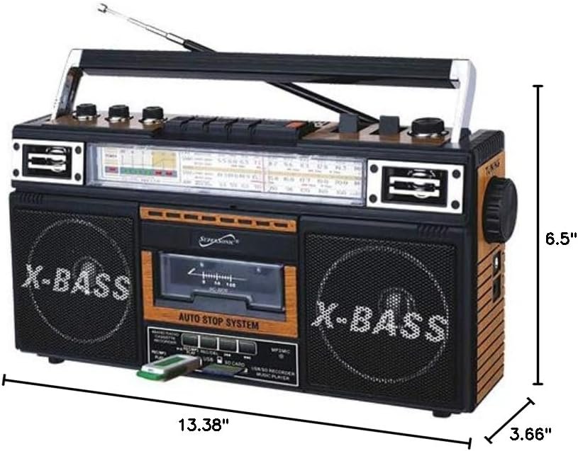 Supersonic SC-3201BT 4 Band Radio & Cassette Player Boombox, Bluetooth Speaker, AM/FM/SW Radio with MP3 Playback, USB & SD Card, 3 Band EQ and Earphone Jack - Image 5