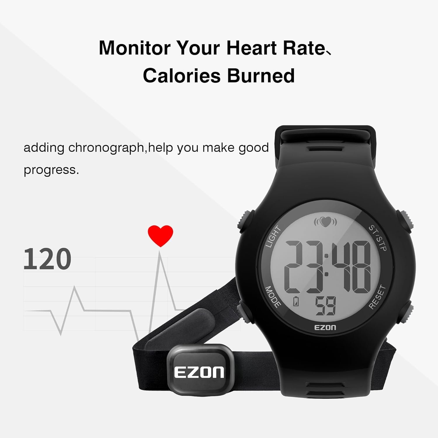 EZON Heart Rate Monitor Chest Strap and Digital Watch,5ATM Waterproof Fitness Tracker with HRM,Calories Burned,Stopwatch and Hourly Chime - Ideal Fitness Presents for Men and Women - Image 3
