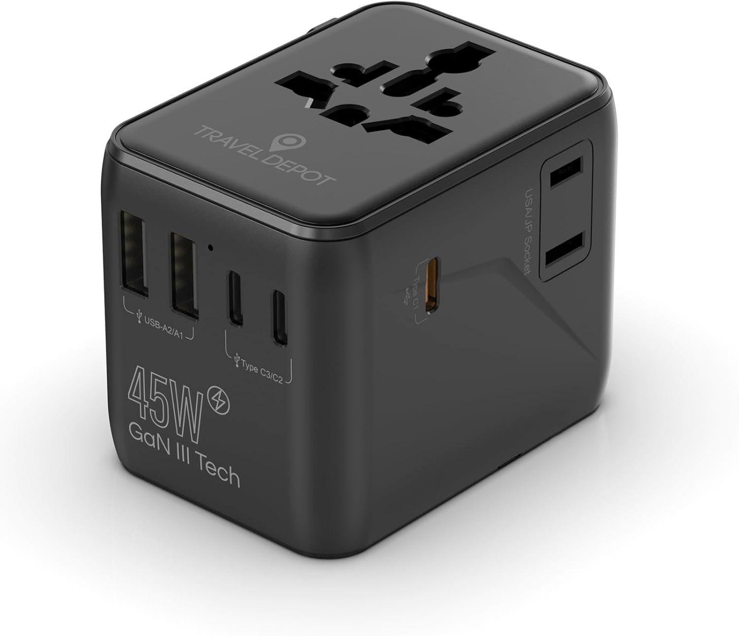 TRAVEL DEPOT 7 in 1 Travel Adapter Worldwide w/GaN 45W, 2 USB-A (15W), 3 USB-C (45W), 2 AC Outlets, Safety Certified International Plug Adapter for Universal Laptop, Phone, Camera for US, EU, UK, AU