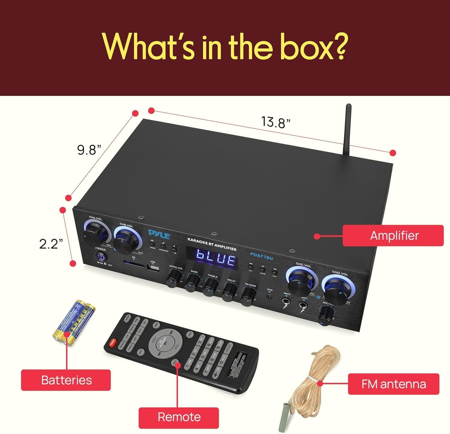 Pyle Home Stereo Receiver with Bluetooth - 4 Channel Amplifier, 800 Watt Max, USB-A Input w MP3 Player, Easy Karaoke Setup with Mic Vol, Reverb and Delay, RCA in/Out, SD Card, FM Radio - PDA77BU - Image 7