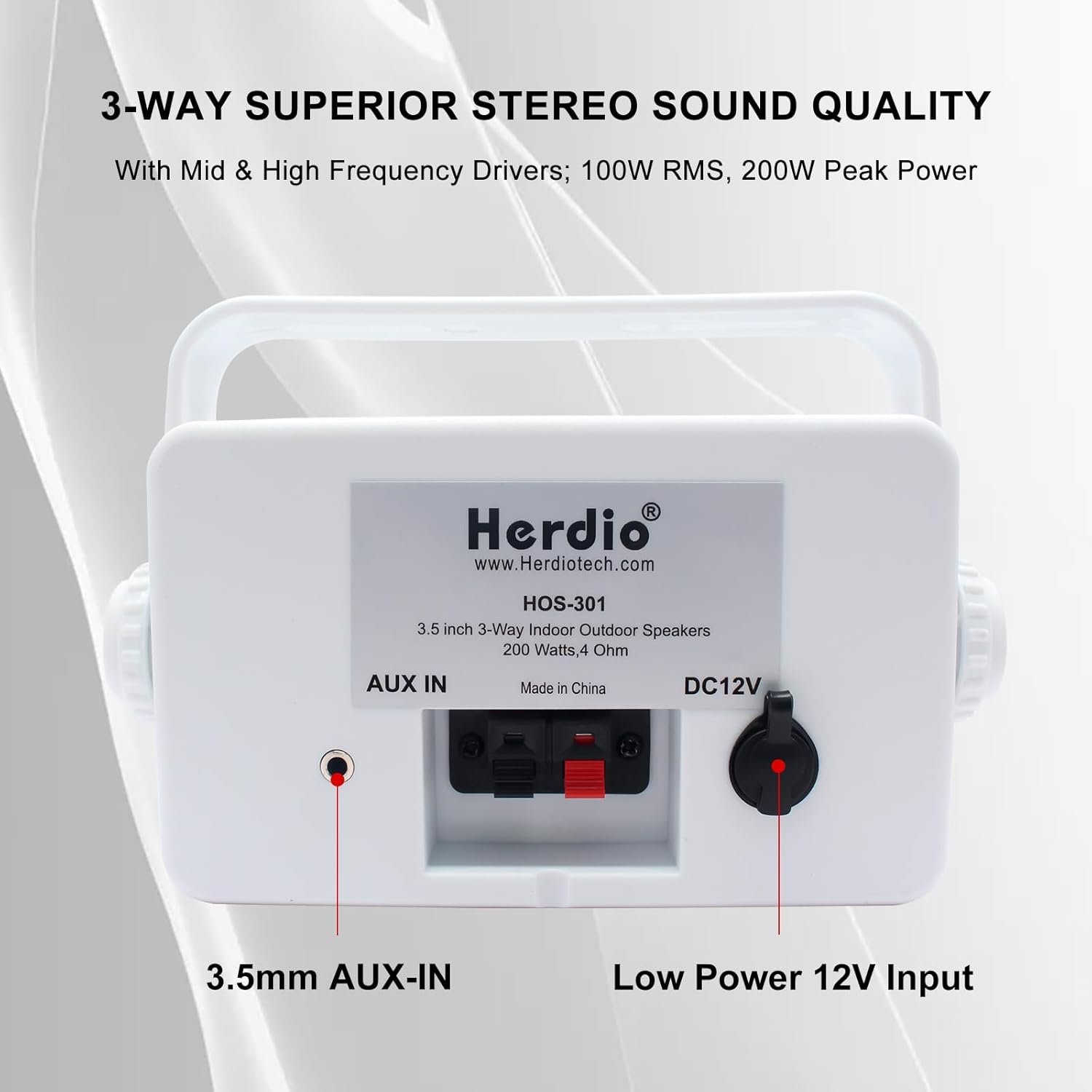 Herdio 3.5" Outdoor Bluetooth Speakers Wired Waterproof, 200W 3 Way Upgrade Premium Wall Mount Speakers, Durable Mountable Loud Sound System for Patio Indoor Deck Garage (White Pair) - Image 9
