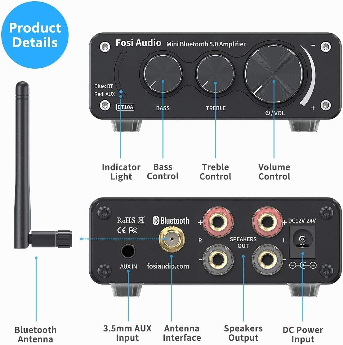 Fosi Audio BT10A Bluetooth 5.0 Stereo Audio Amplifier Receiver 2 Channel Class D Mini Hi-Fi Integrated Amp for Home Passive Speakers 50W x 2 TPA3116 - Image 3