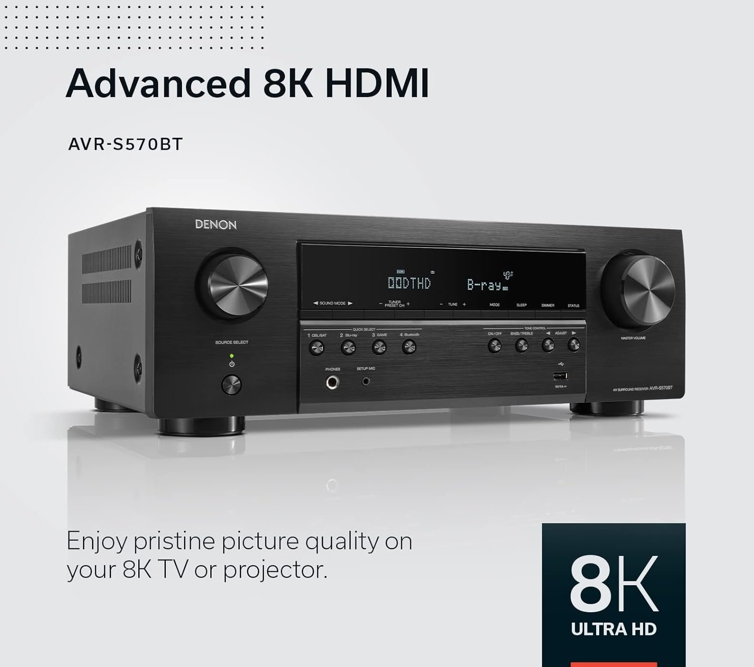 Denon AVR-S570BT AV Receiver 5.2 Channel 8K Ultra HD Audio & Video, Stereo Receivers, Denon AVR Wireless Streaming Bluetooth, (4) 8K HDMI Inputs, eARC, HD Setup Assistant - Image 3