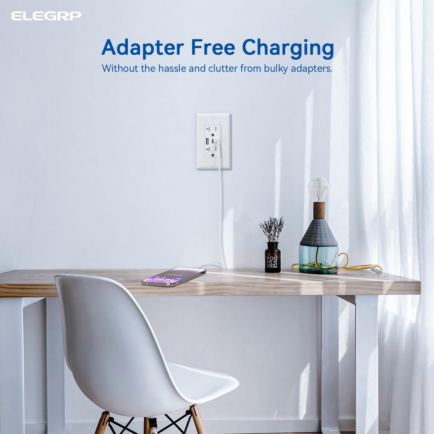 ELEGRP USB Outlets, 20 Amp Wall Outlet with 3 USB Ports, Dual USB C Ports Outlets, TR Tamper-Resistant USB Outlets Receptacles, Wall Plate Included, UL/CUL Listed, 2 Pack, White - Image 6