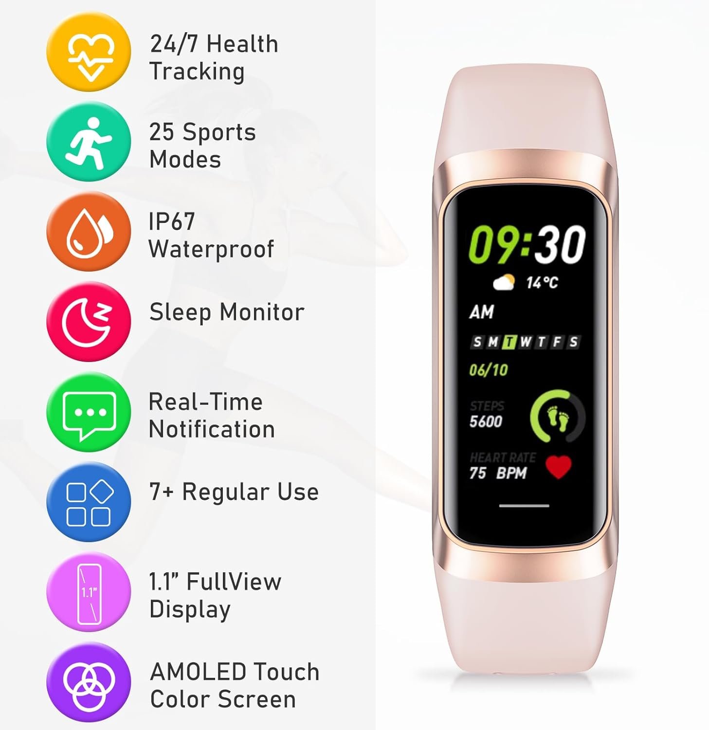 Fitness Tracker with 24/7Heart Rate, Blood Pressure, Sleep Tracking, Calorie, Activity Tracker with 1.1" AMOLED Color Screen, Waterproof Step Tracker for Android iPhones Women Men - Image 7