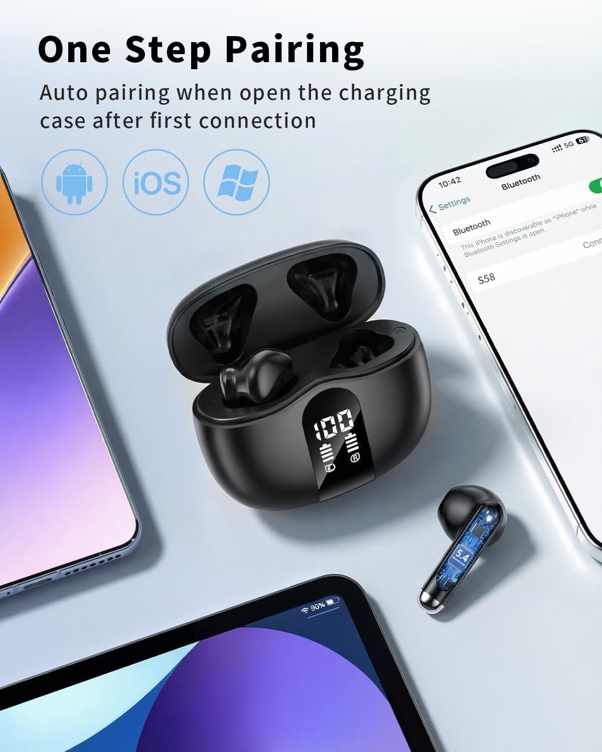 XIAOWTEK Wireless Earbuds, 2026 Bluetooth 5.4 Headphones Bass Stereo Ear Buds with Noise Cancelling Mic, LED Display in Ear Earphones 50H Playtime Ear Buds, IP7 Waterproof for Laptop Pad Phones Black - Image 5