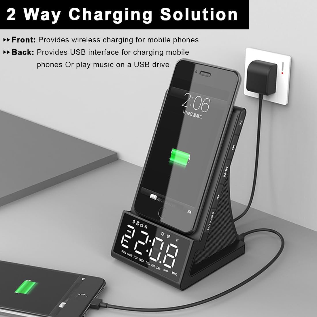 8-in-1 Wireless Charging Station with Bluetooth Speaker, Alarm Clock,FM Radio,Remote Control,Fast Charging Dock Compatible with iPhone 17/16/15/14, Samsung S25/S24,Android Phones - Image 2