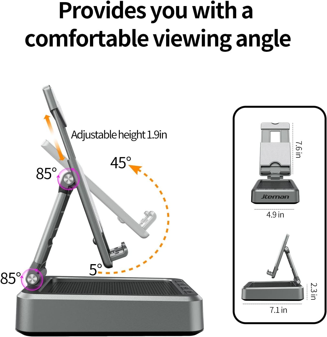 Jteman Wireless Bluetooth Speaker Tablet Stand, Adjustable with Bluetooth Speakers,Gifts for Women Men,Kitchen Gadget for Men,Compatible with Phones and Tablet (4.0-12.9'') - Graphite - Image 8