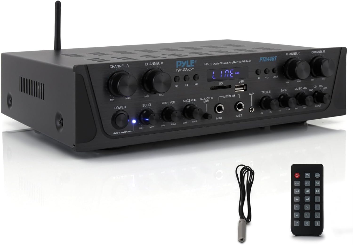 Pyle 4-Channel Audio Amplifier with Bluetooth - Home Stereo Receiver w/ 500W Max Power - Commercial or Karaoke - Dual Mic Input with Echo, Vol, Talk-Over - AUX In - Sub Out - USB-A MP3 Player, AM/FM