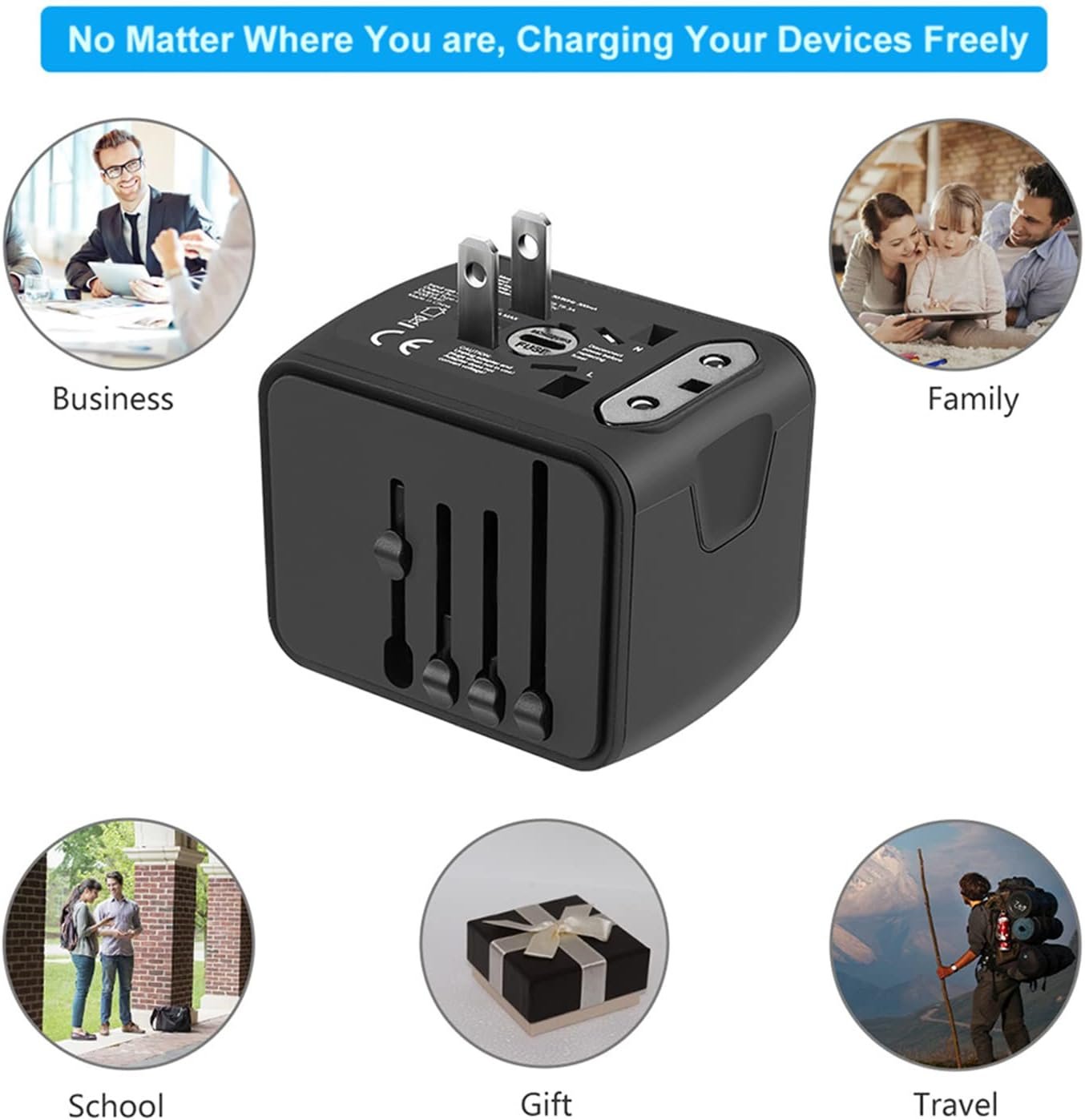 SAUNORCH Universal International Travel Power Adapter W/High Speed 2.4A USB, 3.0A Type-C Wall Charger, European Adapter, Worldwide AC Outlet Plugs Adapters for Europe, UK, US, AU, Asia-Black - Image 8
