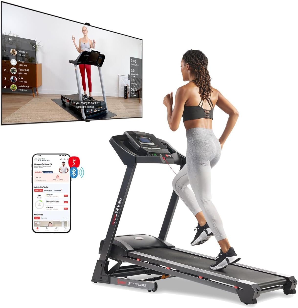 Sunny Health & Fitness Exercise Treadmills Double Deck Sizes and Incline Features with Bluetooth & SunnyFit App