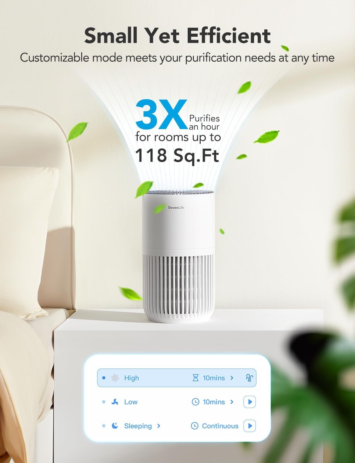 GoveeLife Mini Air Purifier for Bedroom, Smart Filter Air Purifier with App Alexa Control for Pet Hair, Odors, Pollen, HEPA Portable Air Cleaner with 3 Speeds, 2 Modes, Timer, Aroma for Home - Image 4