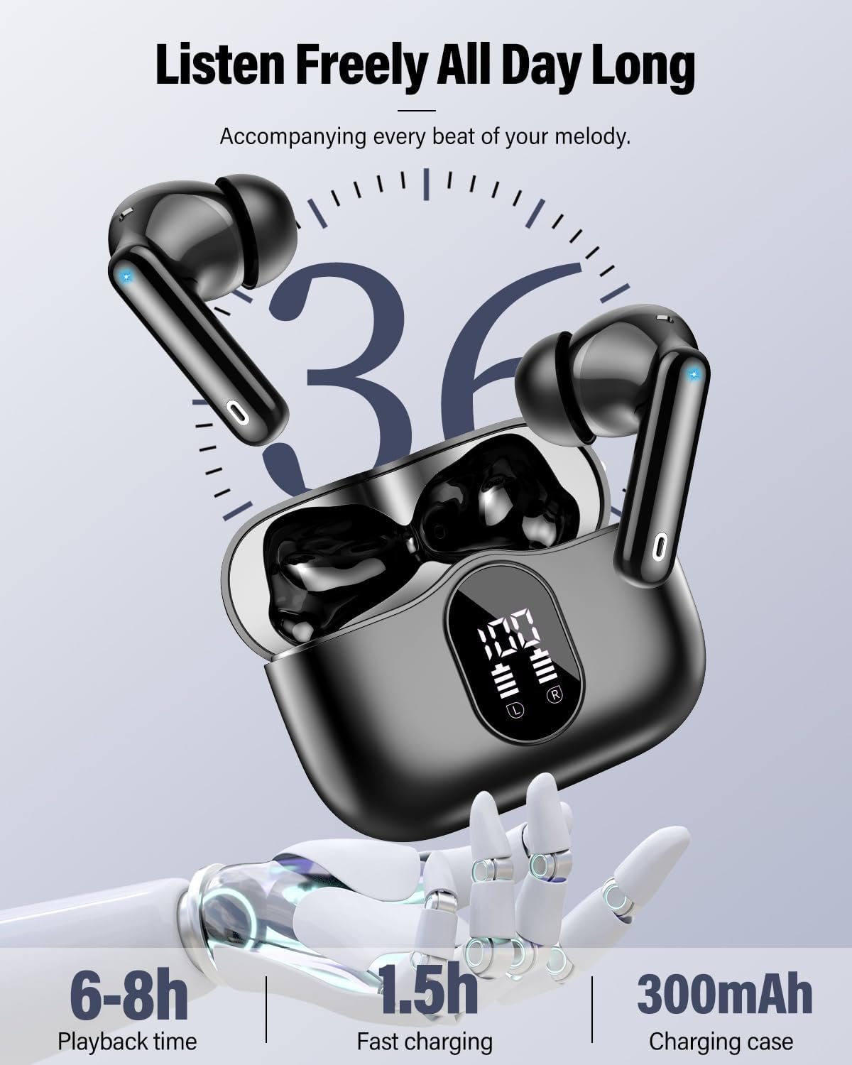 Wireless Earbuds, Bluetooth 5.4 Headphones Bass Stereo, Ear Buds with Noise Cancelling Mic, LED Display in Ear Earphones Clear Calls, IP7 Waterproof Bluetooth Earbuds for Phones/Sports/Laptop, Black - Image 5