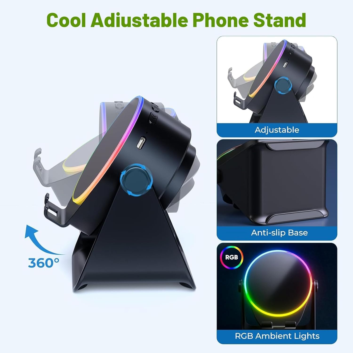 Wireless Induction Speaker, Phone Stand with Bluetooth Speaker Amplifier, Stereo Sound, RGB Ambient Light, 360° Adjustable Phone Holder Compatible with iPhone/iPad/Android/Samsung Galaxy-Black - Image 5
