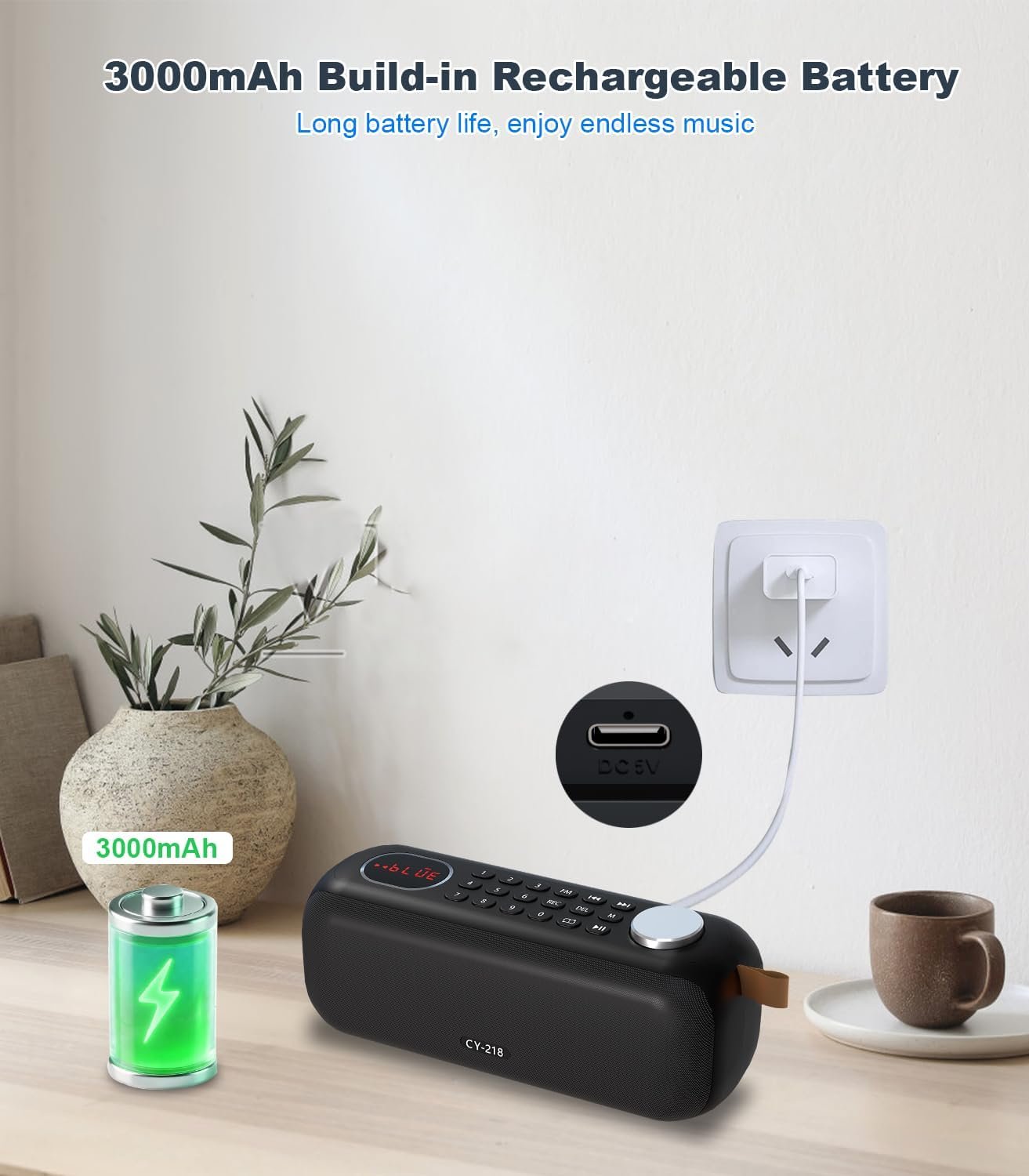 Portable Bluetooth Speaker FM Radio Digital, Support USB/SD Card MP3 Music Player/AUX/REC, Build-in 3000mAh Rechargeable Battery, 10W Powerful Speaker and Earphone Jack for Indoor Outdoor - Image 6