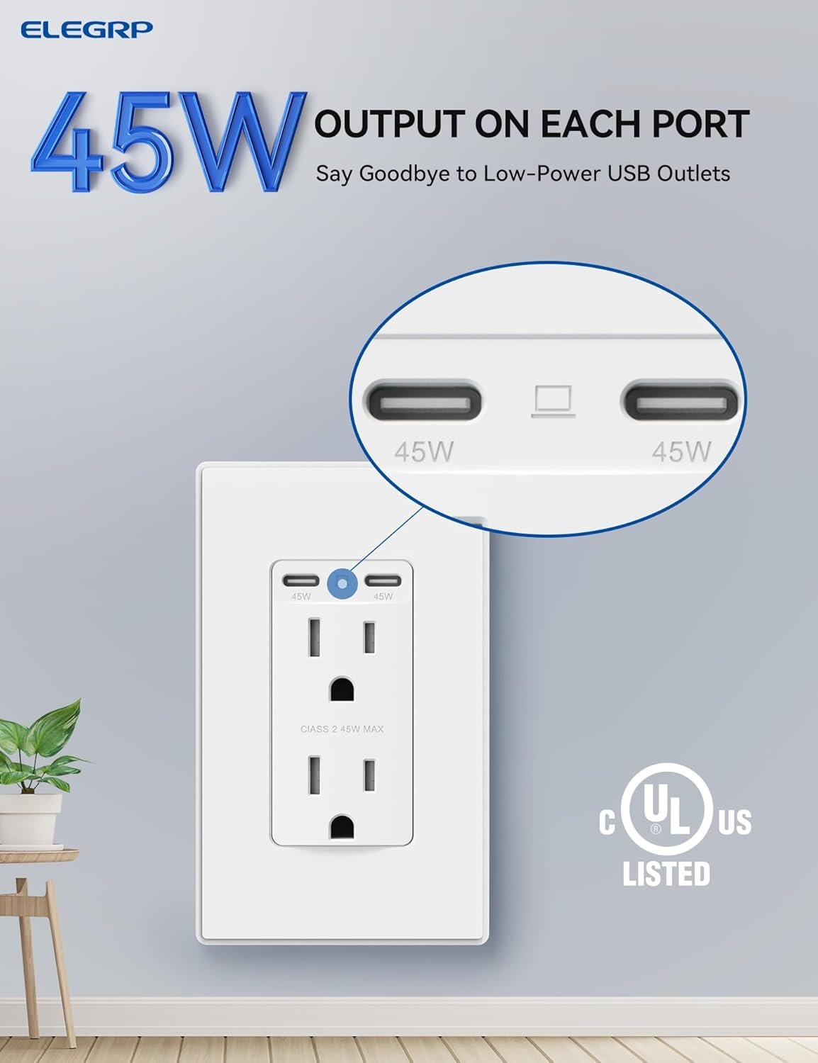 ELEGRP 45W Ultra-Speed USB C Outlet, 15 Amp Dual Type-C TR Wall Outlet Receptacle, Charging Power Outlet for iPhone 17 Series & More, UL Listed, 1 Pack, Matte White - Image 2