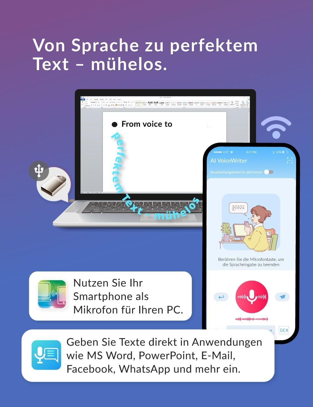 AI VoiceWriter – Smart Dictation & AI Writing Assistant for Windows & Mac | USB Dongle & Mobile App for Voice Input, Proofreading, Rewriting & Multilingual Support - Image 4