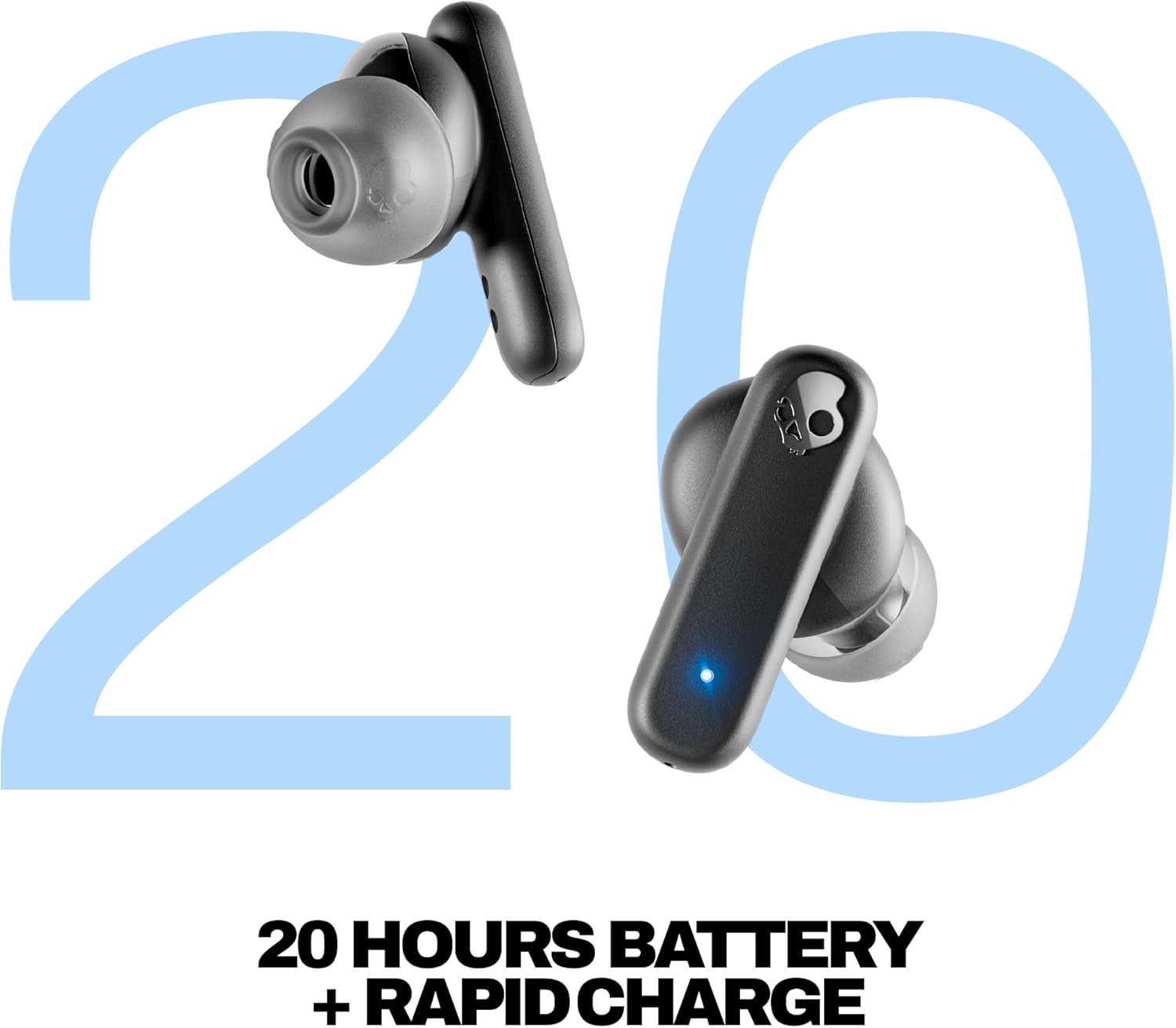 Skullcandy Smokin’ Buds Wireless Earbuds, Bluetooth Headphones, Noise Isolating Fit, Up to 20 Hours Battery, IPX4 Sweat and Water Resistant, Microphone for iPhone Android - True Black - Image 3