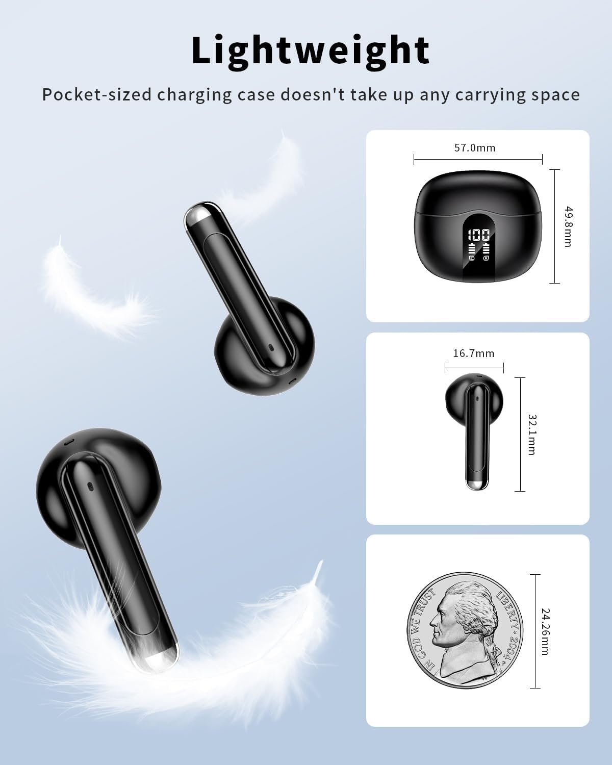 XIAOWTEK Wireless Earbuds, 2026 Bluetooth 5.4 Headphones Bass Stereo Ear Buds with Noise Cancelling Mic, LED Display in Ear Earphones 50H Playtime Ear Buds, IP7 Waterproof for Laptop Pad Phones Black - Image 6