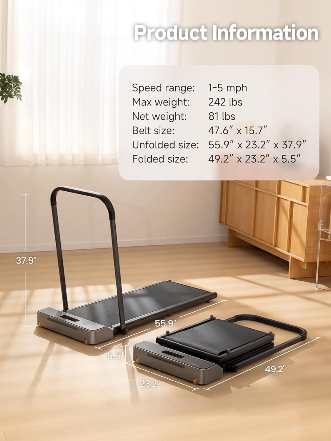 WalkingPad Foldable Walking Pad with Handle Bar, Treadmill for Home Office, Under Desk Treadmill with Adaptive Speed Control, Compact Design for Small Spaces - Image 8