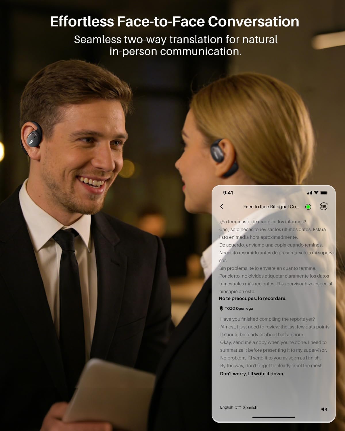 TOZO Real-Time AI Translation Earbuds, 80H Playtime Translator Ear Buds, Digital Display, AI Clear Calls, Comfortable Wear Open Ear Earbuds, AI Bluetooth Headphone for Travel Meeting Learning, Black - Image 7