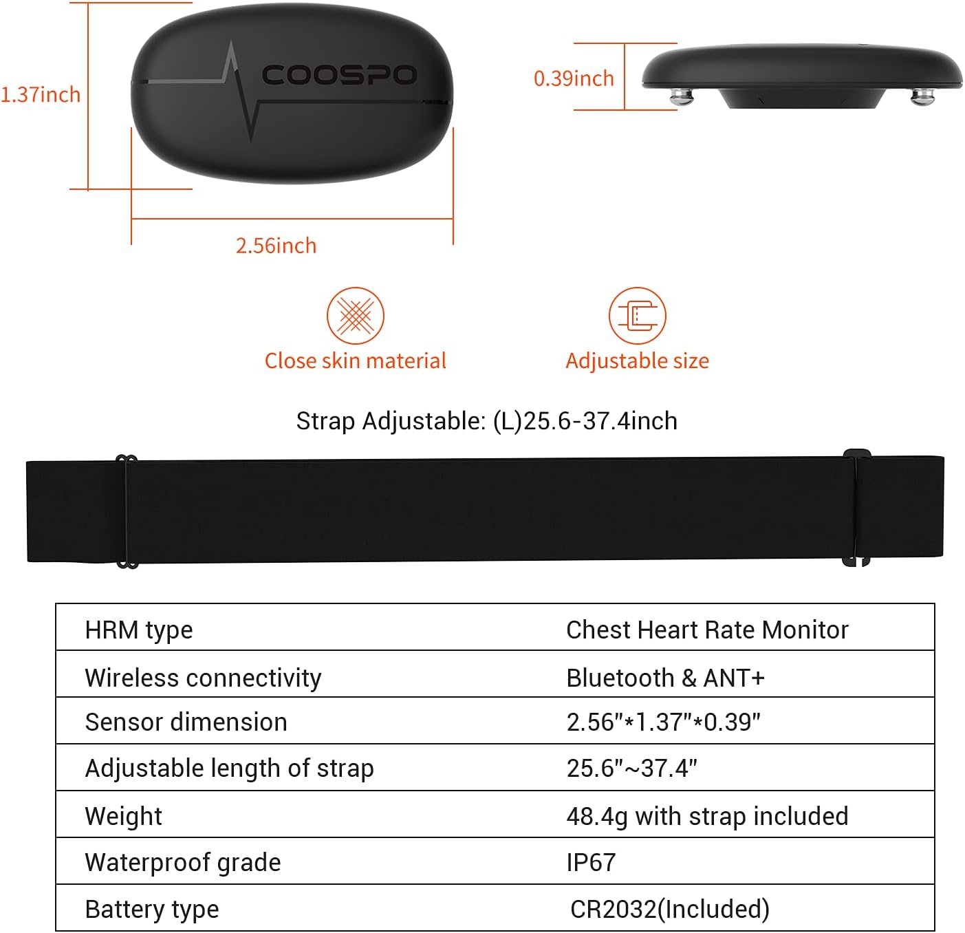 COOSPO Heart Rate Monitor Chest Strap, Bluetooth ANT+ Heart Rate Monitor Chest Sensor with 400H Battery, HRM Works with Strava/Wahoo Fitness/Polar Beat/Peloton/DDP Yoga App - Image 3