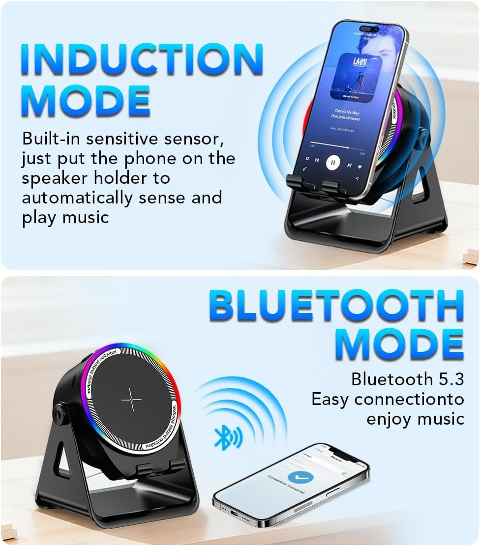 Bluetooth Speaker, 4-in-1 Wireless Induction Speaker & RGB Light Stand Multi-Functional Phone Stand Instant-Connect Stereo Sound, 360° Adjustable Holder for iPhone/Android/iPad/Samsung (Black) - Image 3