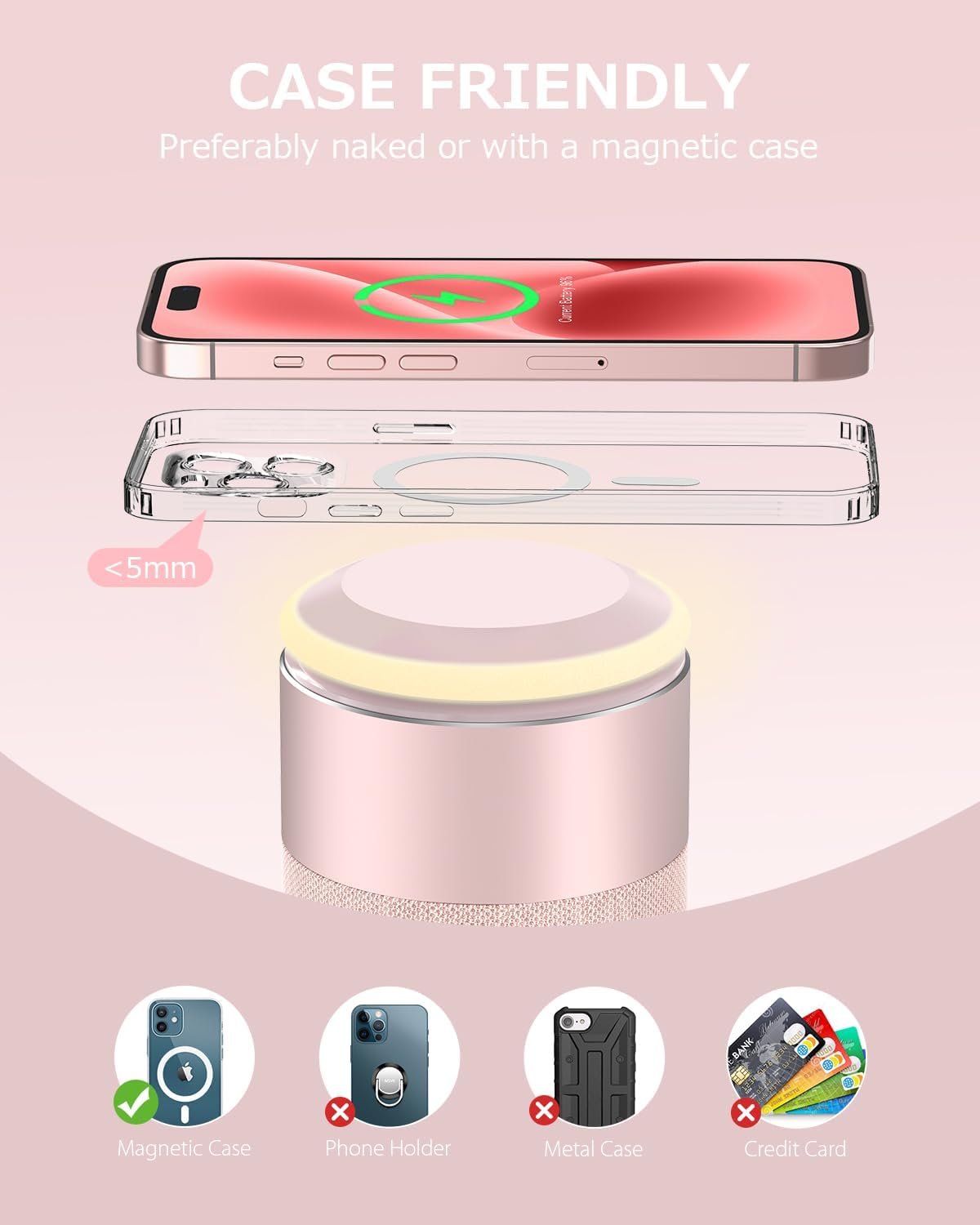 COLSUR Bluetooth Speaker, Magnetic Wireless Charger, Bluetooth Speakers with Night Light, 2 in 1 Wireless Charging Station for iPhone 17/16/15/14/13/12 Series, AirPods Pro 2/4/3/2(Gift Ideal) (Pink) - Image 4