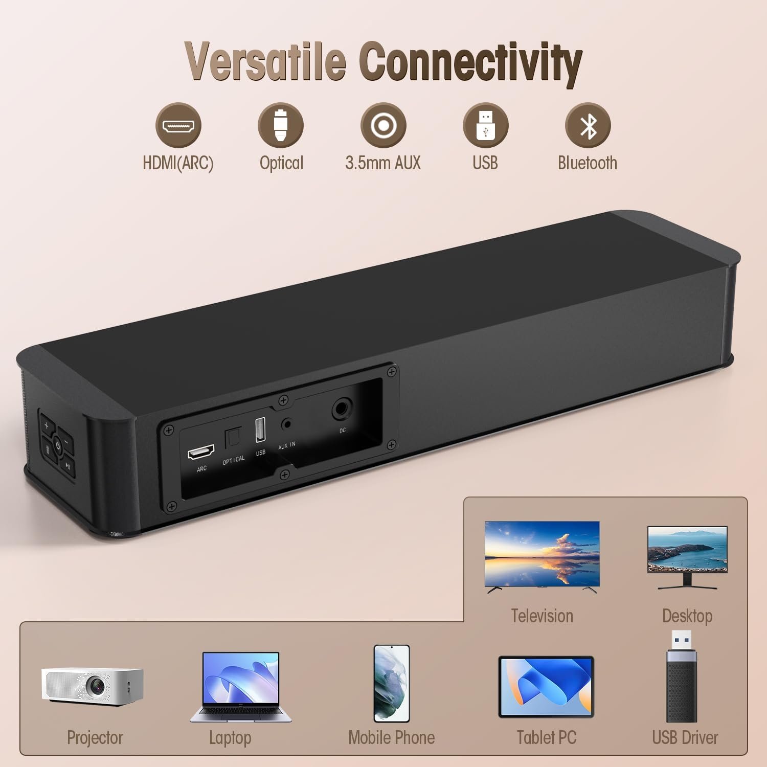 BESTISAN 2.1ch Sound Bar with Built-in Subwoofer, 100W Peak Power, HDMI ARC/Opt/AUX/USB/Bluetooth 5.3, 3 EQ Modes & Volume Boost, 16.5" All-in-One for TV/PC/Gaming/Projector - Image 6