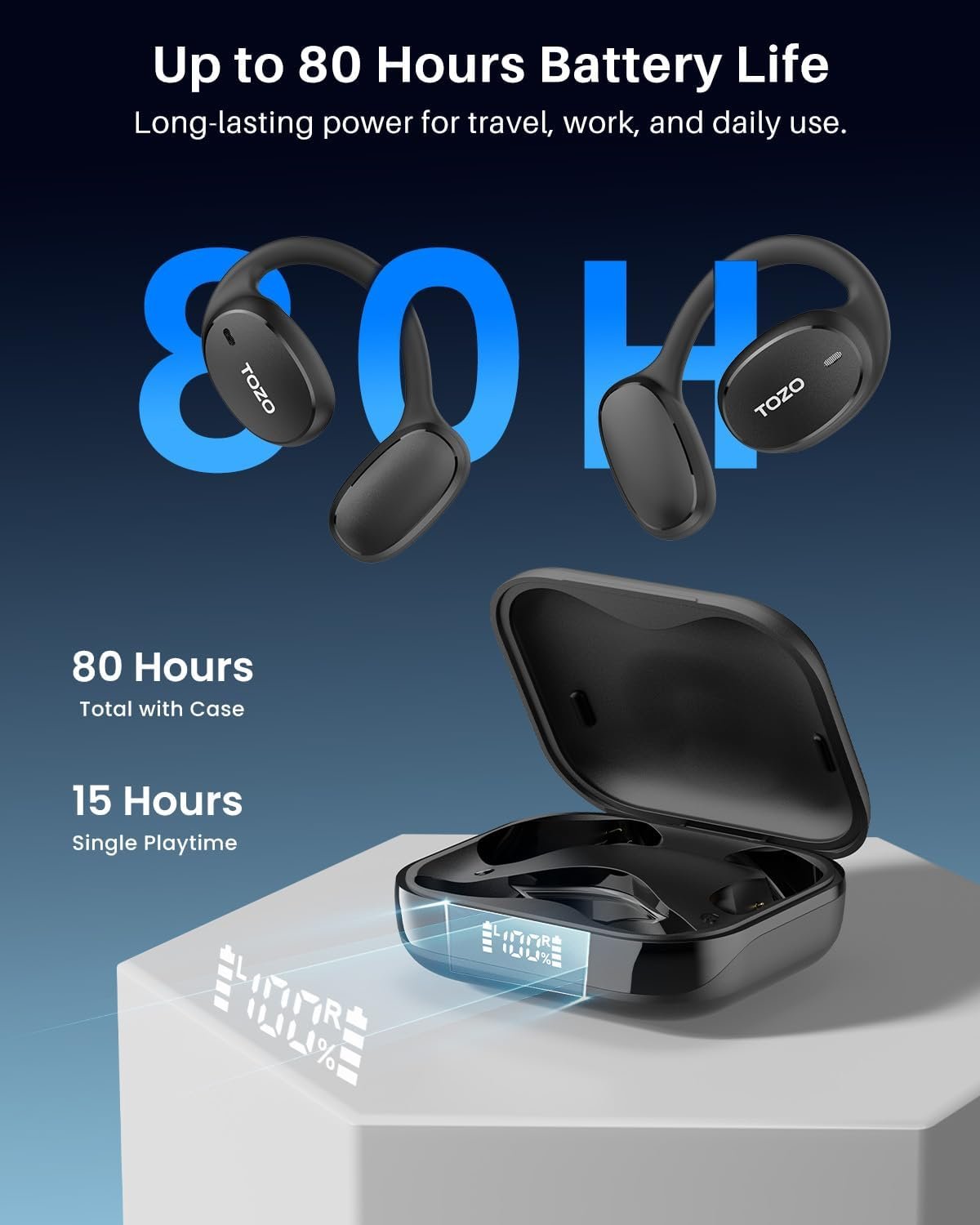 TOZO Real-Time AI Translation Earbuds, 80H Playtime Translator Ear Buds, Digital Display, AI Clear Calls, Comfortable Wear Open Ear Earbuds, AI Bluetooth Headphone for Travel Meeting Learning, Black - Image 4
