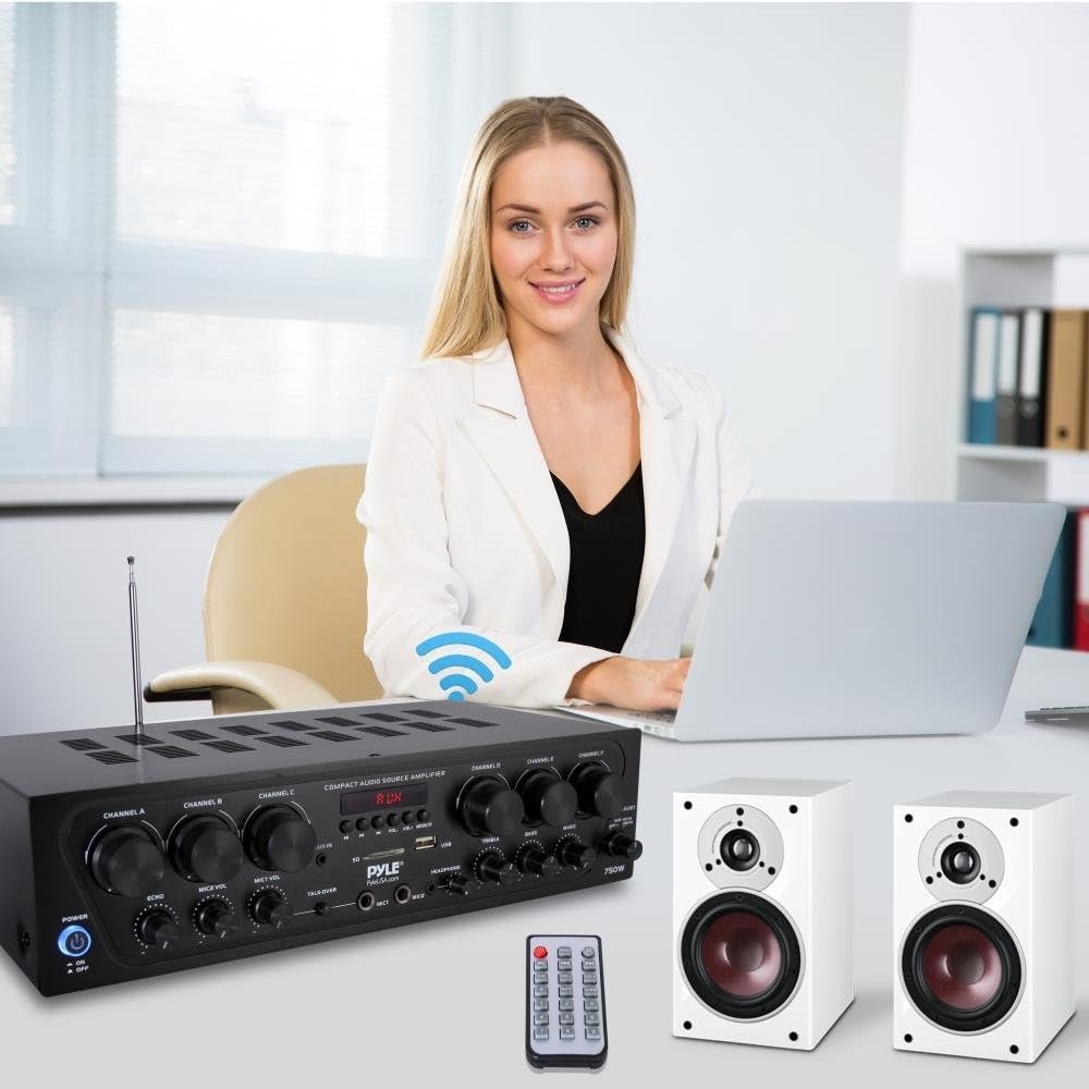 Pyle Bluetooth Wireless Home Amplifier System - Upgraded 6 Channel Audio, 750 Watt Power, Easy Karaoke, Stereo Receiver w USB-A, Micro SD, Headphone, 2 Microphone Input w/Echo, Talkover for PA - Image 2