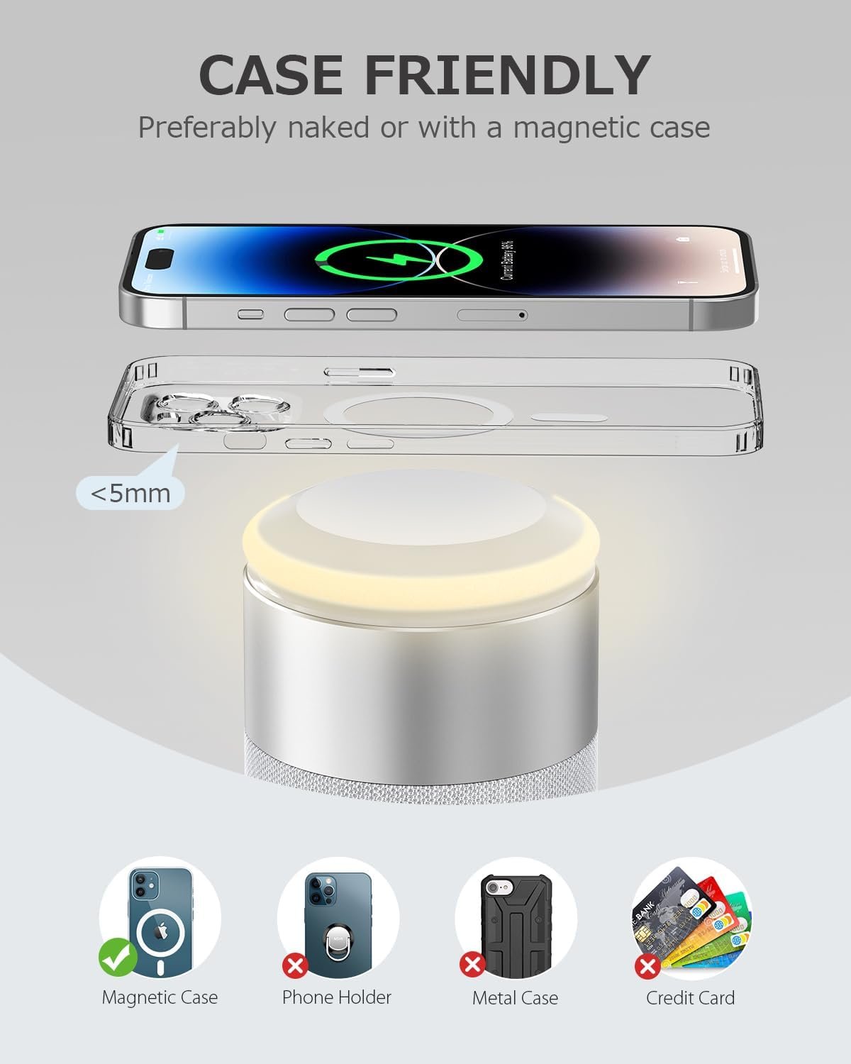 COLSUR Bluetooth Speaker, Magnetic Wireless Charger, Bluetooth Speakers with Night Light, 2 in 1 Wireless Charging Station for iPhone 17/16/15/14/13/12 Series, AirPods Pro 2/4/3/2(Gift Ideal)(Gray) - Image 7